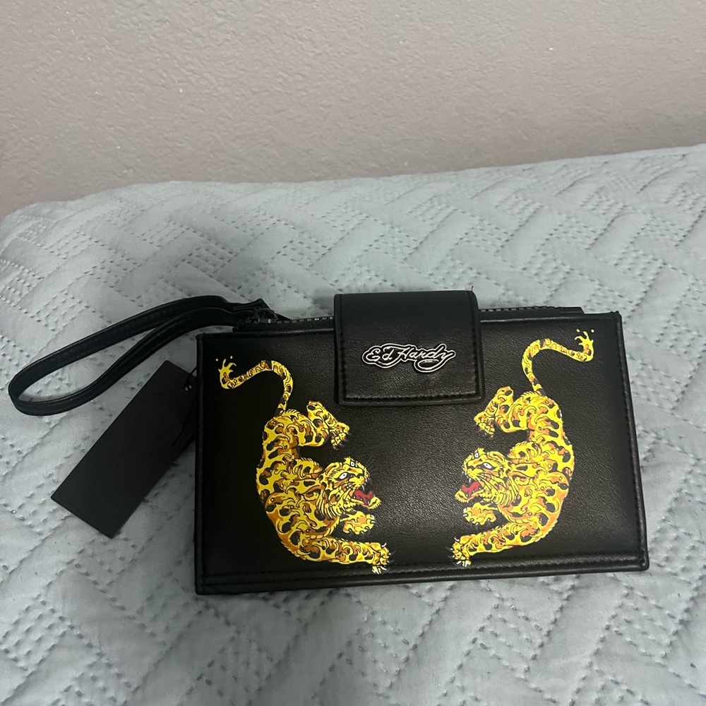 Ed Hardy Black Wristlet with Yellow Tiger Design
